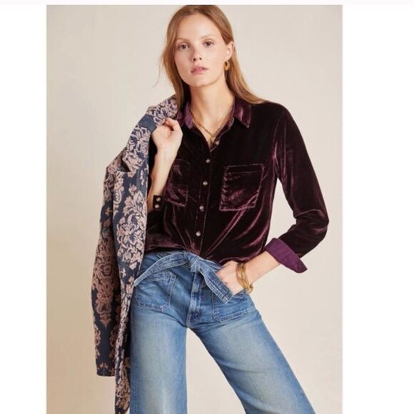 Anthropologie Maeve Karina Velvet Shirt Plum size 0 whimsigoth boho Eggplant - Picture 1 of 14
